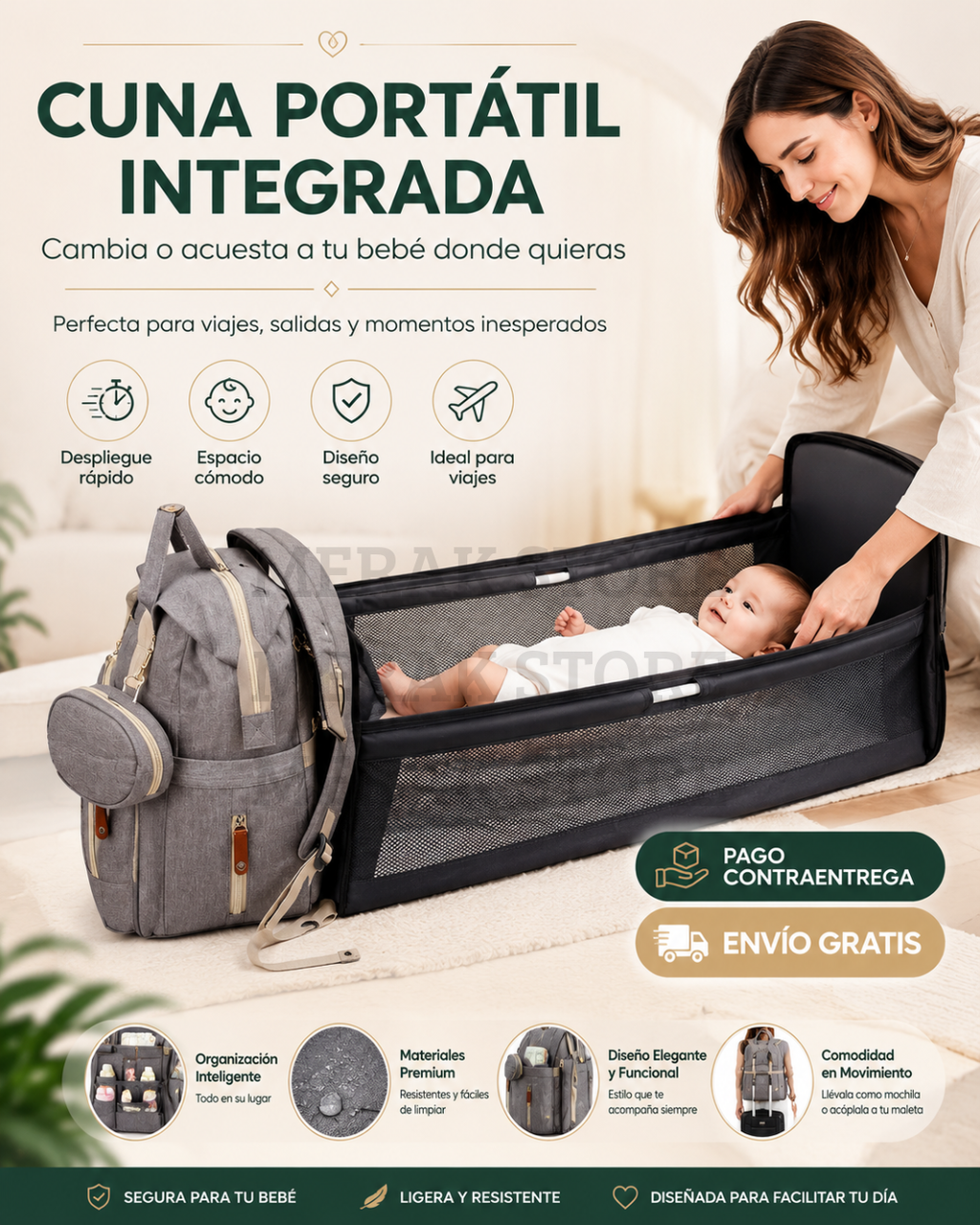 Bolso Pañalera Multiusos Con Cuna Portátil 💼👶 BRINDE